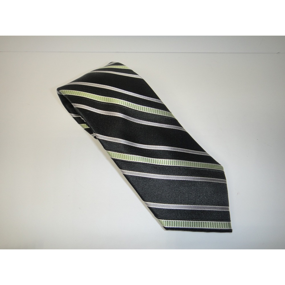 Michael Kors Mens Silk Necktie Black Lime Green Silver Diagonal Stripe RN 121148